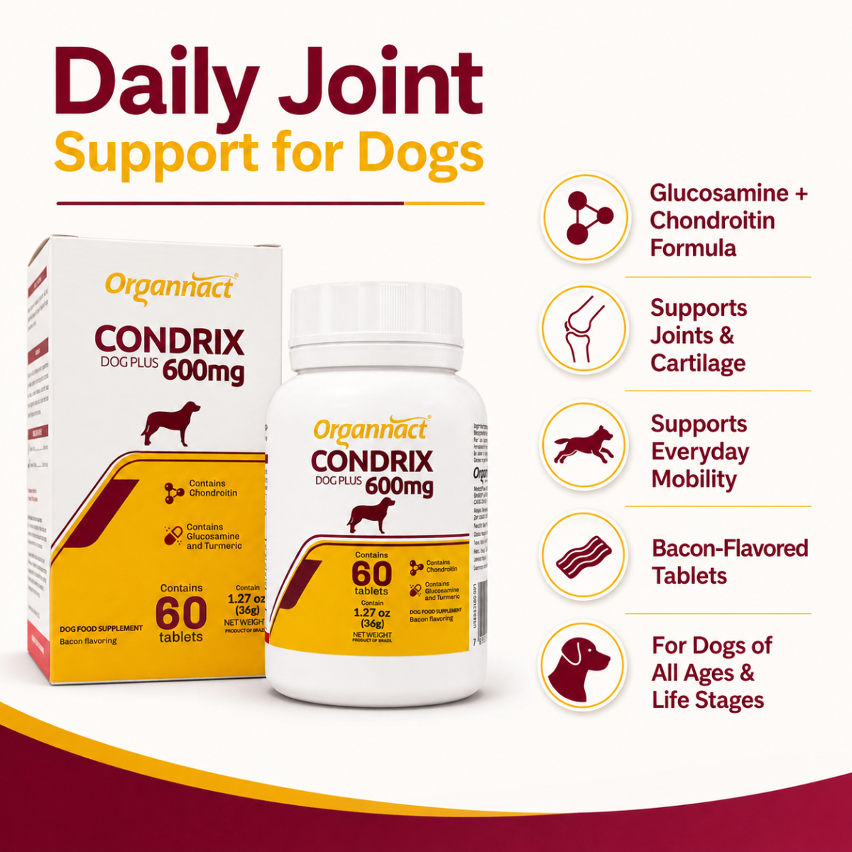 Organnact Condrix Dog Tabs 600 mg – Joint Support Supplement for Dogs with Glucosamine & Chondroitin, Bacon Flavor, 1.27 oz (36 g)