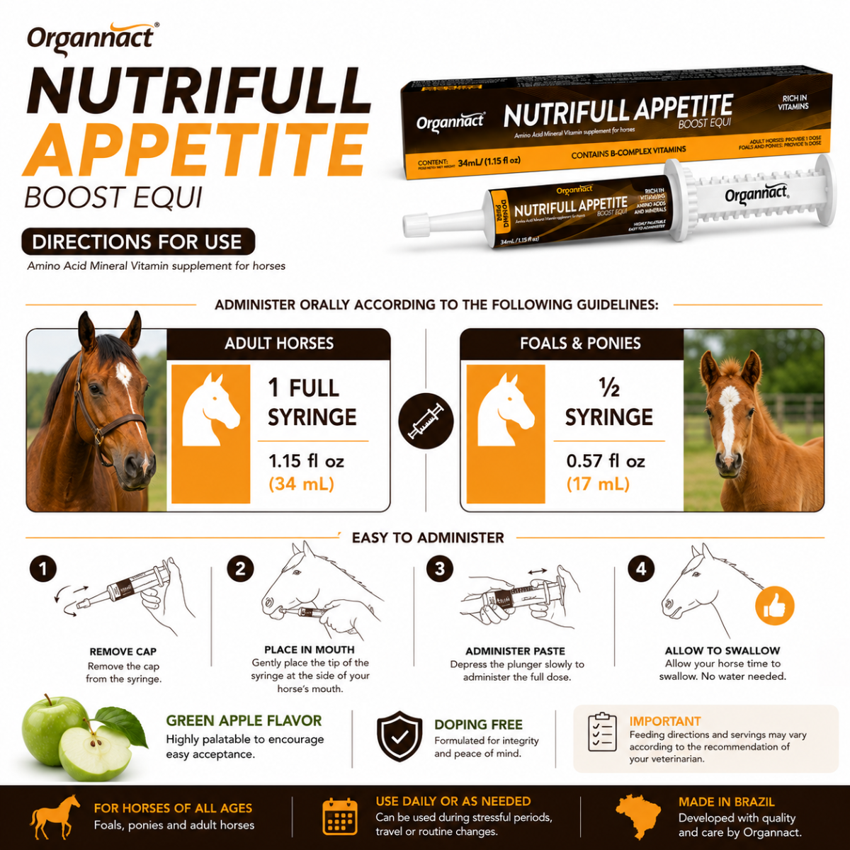 Organnact Nutrifull Appetite Horse Supplement | Appetite & Nutritional Support Paste | Green Apple Flavor | Single-Dose Horse Supplement