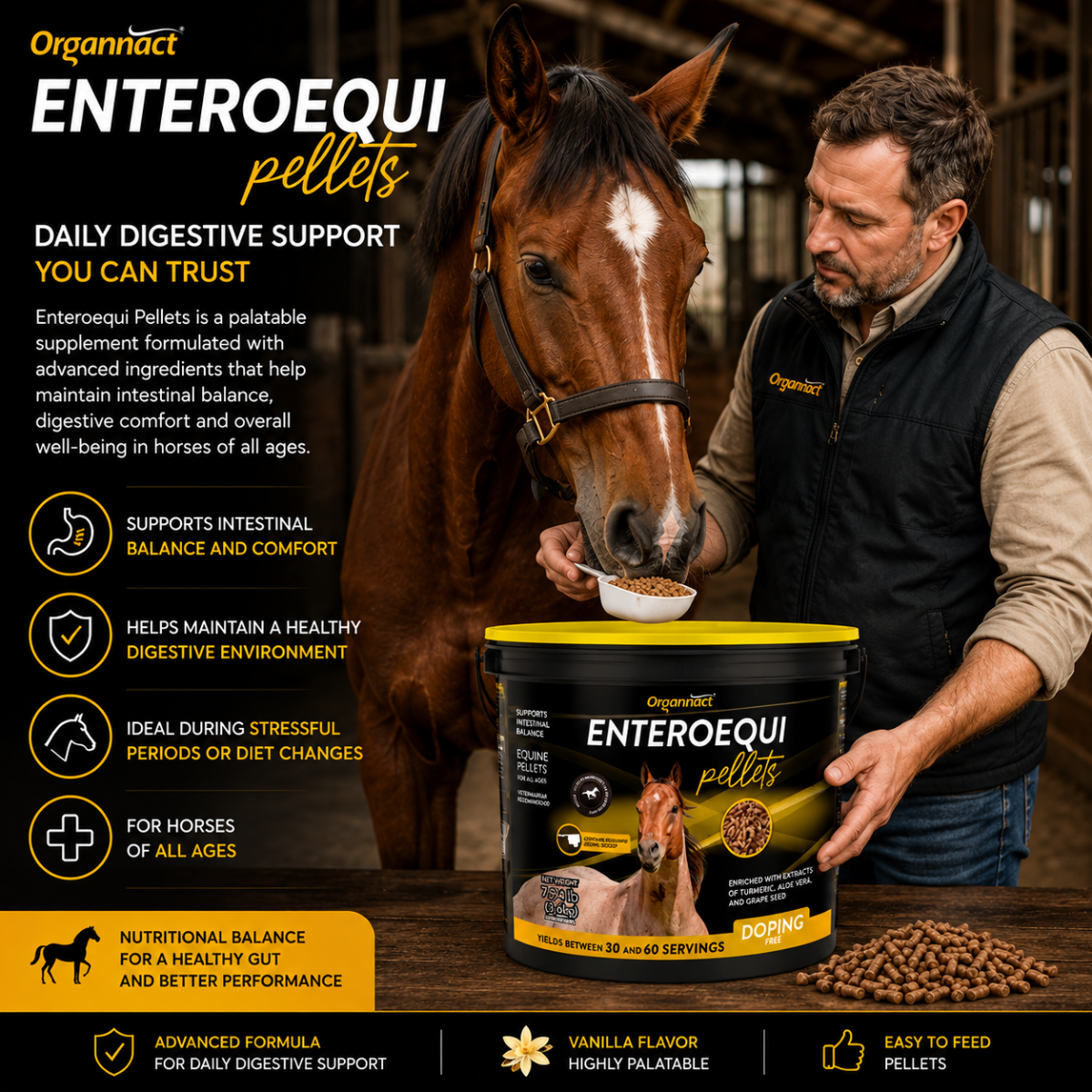 Organnact Enteroequi Horse Supplement | Advanced Digestive & Gut Health Support | Vanilla Flavored Pellets | Gastrointestinal Balance for Horses