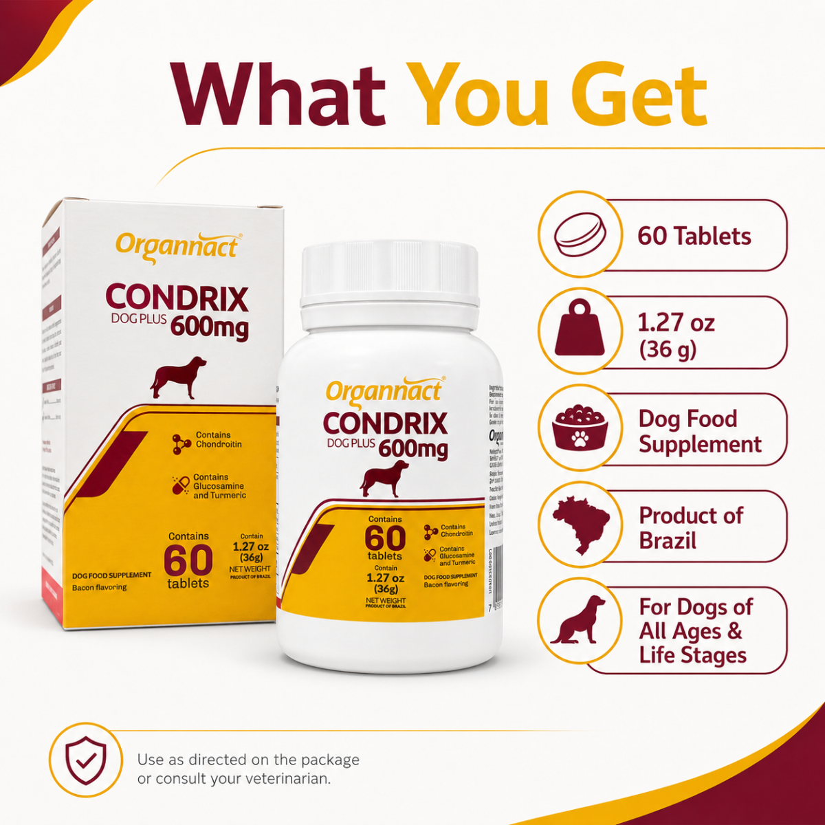 Organnact Condrix Dog Tabs 600 mg – Joint Support Supplement for Dogs with Glucosamine & Chondroitin, Bacon Flavor, 1.27 oz (36 g)