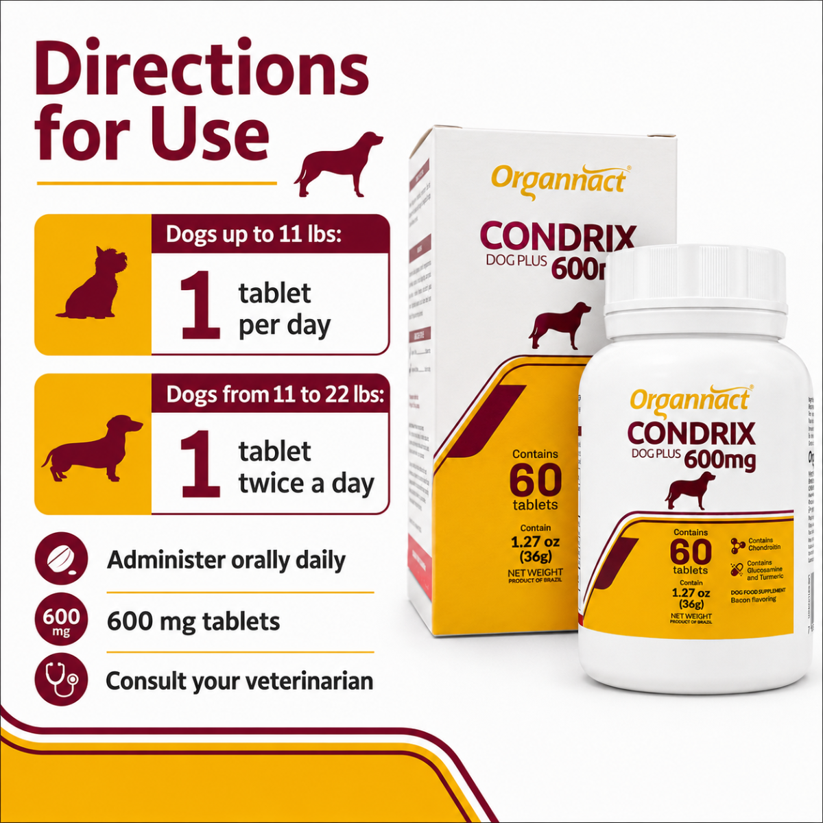 Organnact Condrix Dog Tabs 600 mg – Joint Support Supplement for Dogs with Glucosamine & Chondroitin, Bacon Flavor, 1.27 oz (36 g)