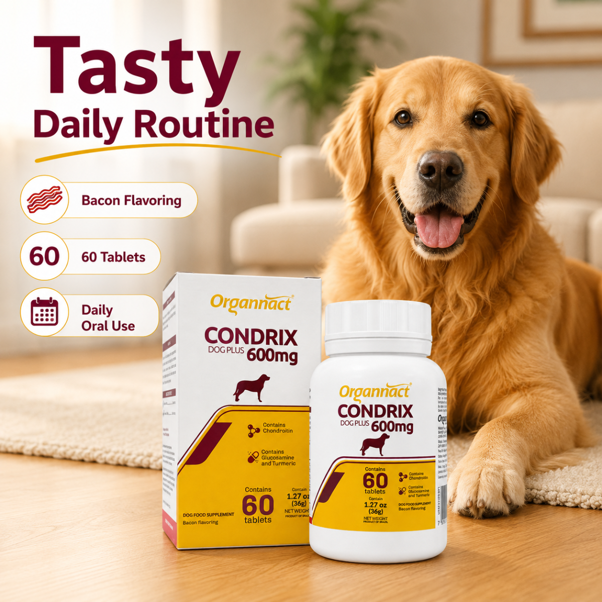 Organnact Condrix Dog Tabs 600 mg – Joint Support Supplement for Dogs with Glucosamine & Chondroitin, Bacon Flavor, 1.27 oz (36 g)