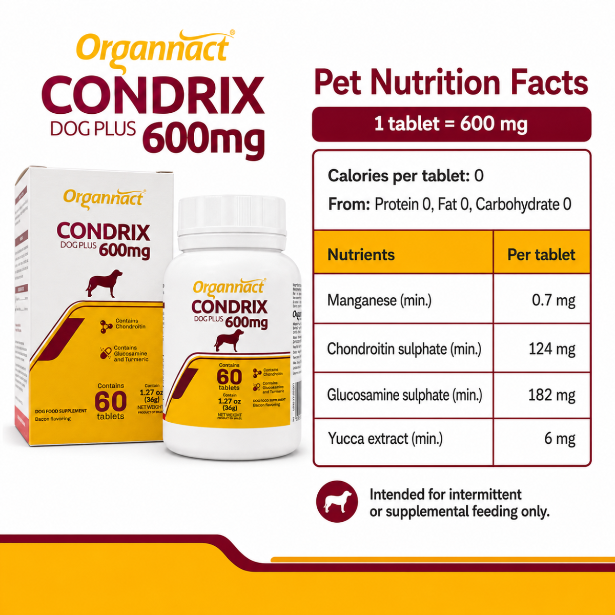 Organnact Condrix Dog Tabs 600 mg – Joint Support Supplement for Dogs with Glucosamine & Chondroitin, Bacon Flavor, 1.27 oz (36 g)