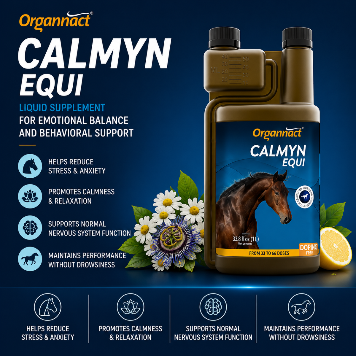 Organnact Calmyn Equi Turbo Liquid Horse Supplement | Stress Relief, Relaxation & Behavioral Support | Lemon Flavor | 33.8 fl oz (1 L)