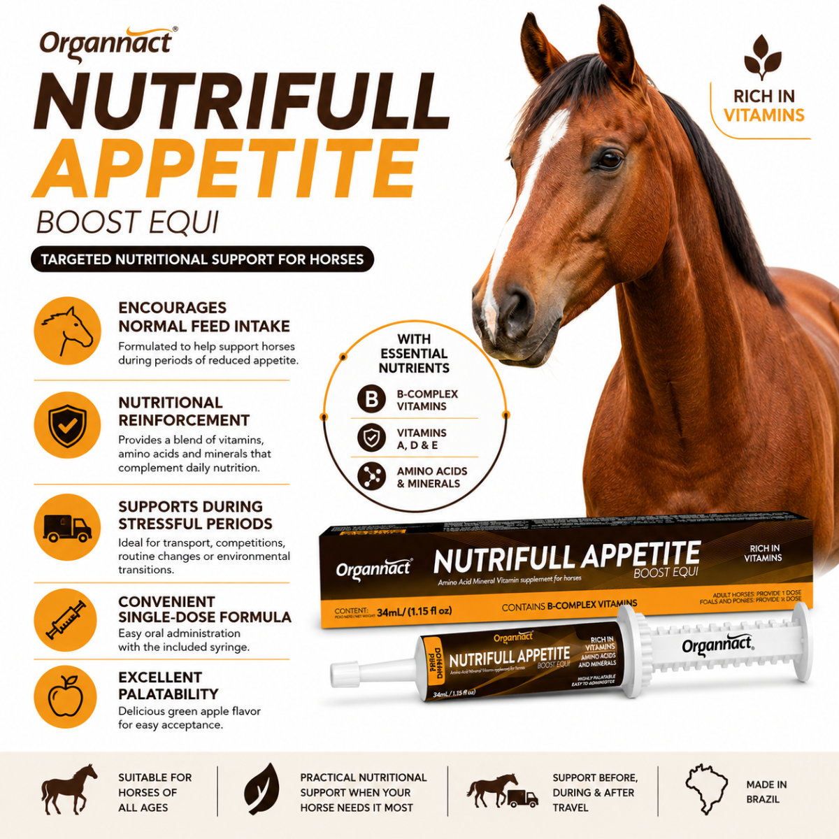 Organnact Nutrifull Appetite Horse Supplement | Appetite & Nutritional Support Paste | Green Apple Flavor | Single-Dose Horse Supplement
