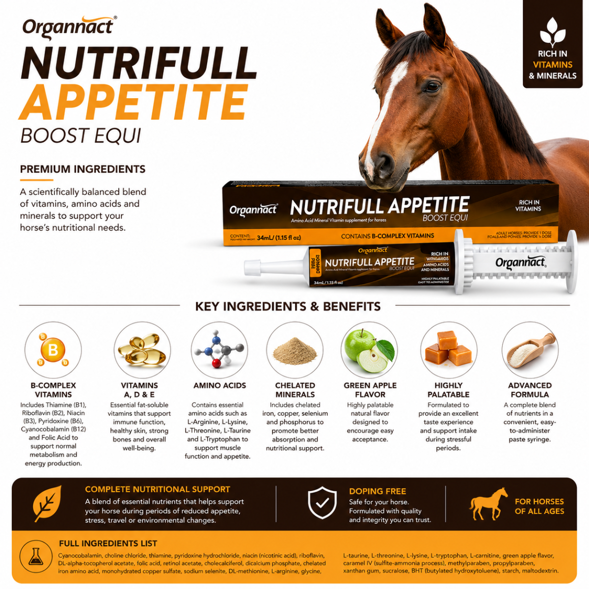 Organnact Nutrifull Appetite Horse Supplement | Appetite & Nutritional Support Paste | Green Apple Flavor | Single-Dose Horse Supplement