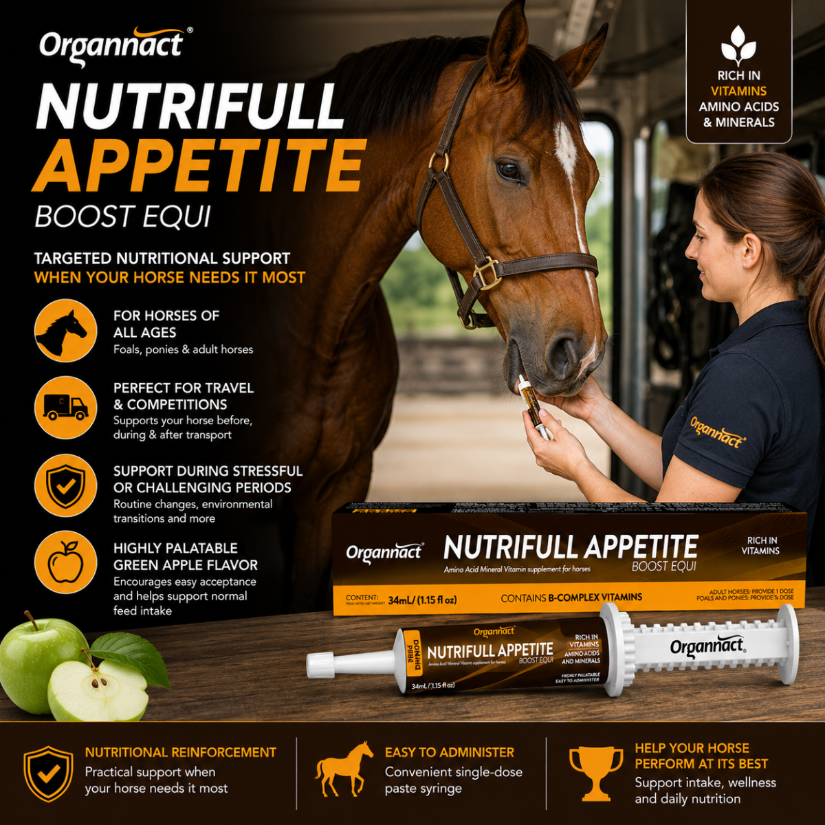 Organnact Nutrifull Appetite Horse Supplement | Appetite & Nutritional Support Paste | Green Apple Flavor | Single-Dose Horse Supplement